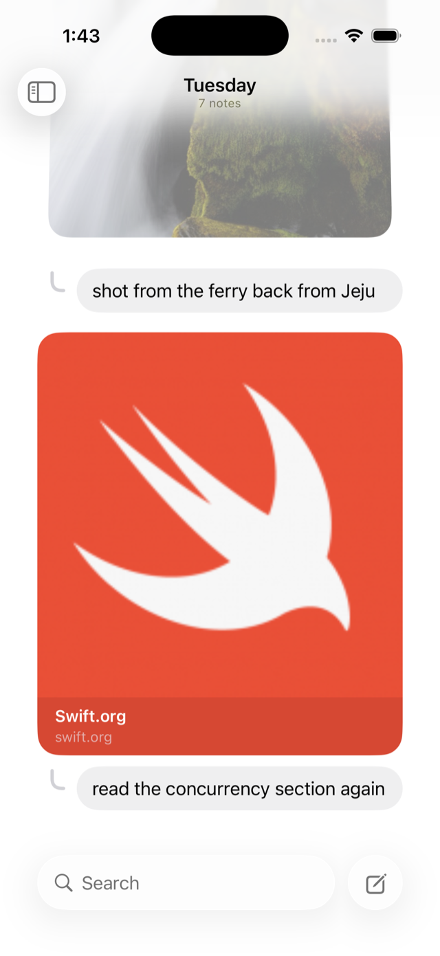 Minote's feed: a photo note, a link card, and text notes in a chat-style timeline with the search bar at the bottom