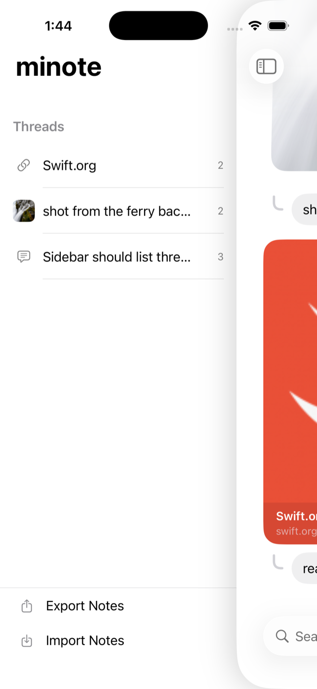 The push-drawer sidebar listing threads as units, with note counts